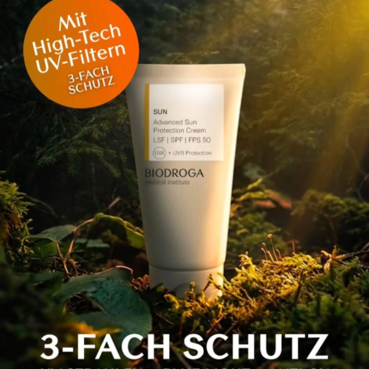 Marina Litwin - Behandlungen für Gesicht, Körper, Hände und Füße - Eine Werbung für Biodroga Advanced Sun Protection Cream SPF 50, die die weiße Produkttube vor einem üppigen, sonnendurchfluteten Waldbodenhintergrund zeigt.